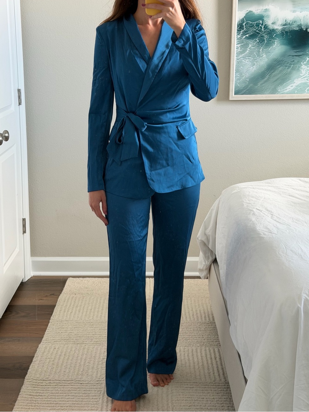 Women’s Teal Tie-Waist Blazer & Straight Pants Set